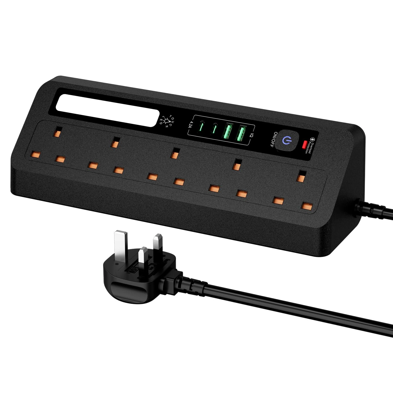 Extension Lead with USB Slots 5 AC Way Outlets, 3M/9.84FT Power Strip With Touch Nightlight,2 USB+2Type-C Slots Charging Surge Protected Electrical Cords,Adapter Extension Cable for Home Office