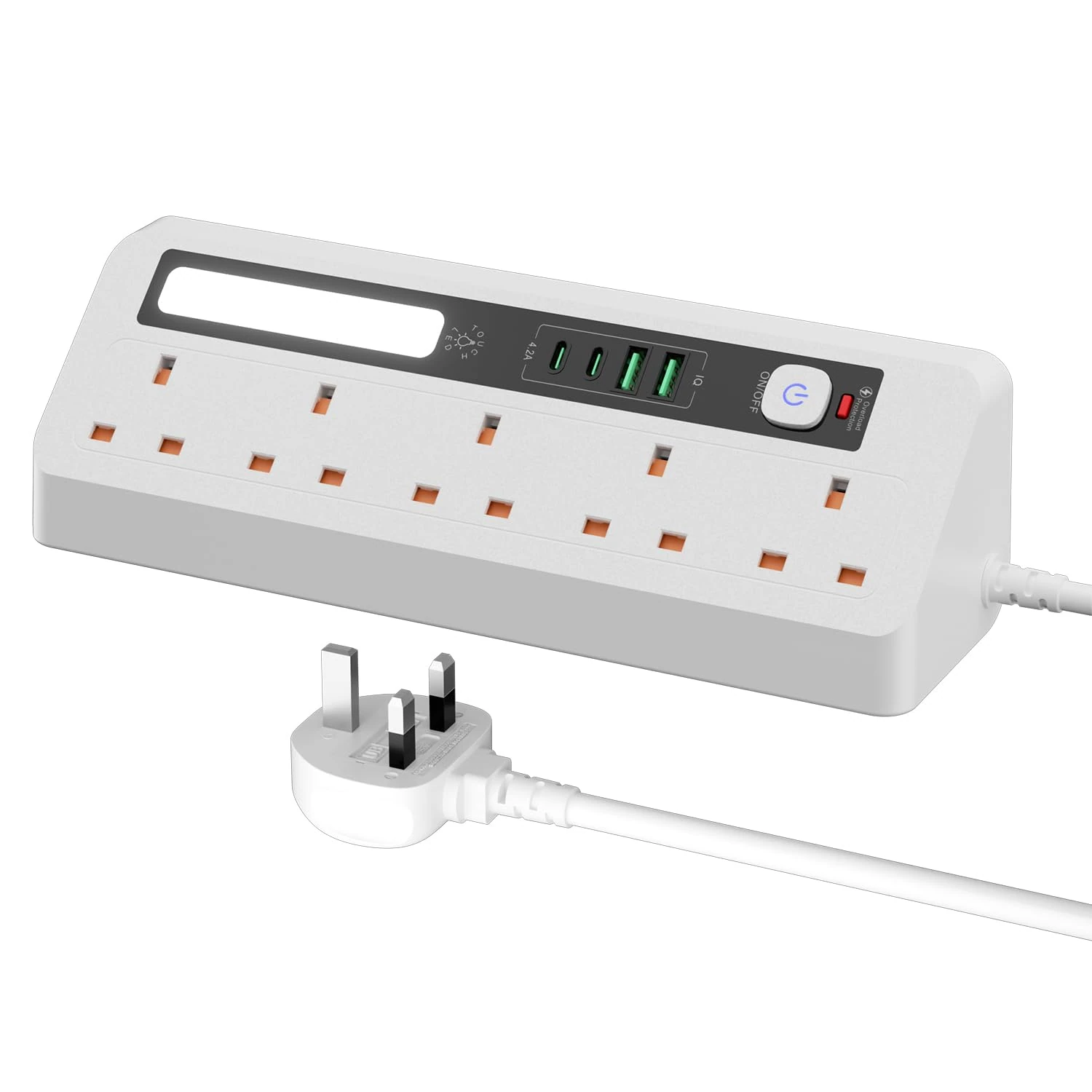 Extension Lead with USB Slots 5 AC Way Outlets, 3M/9.84FT Power Strip With Touch Nightlight,2 USB+2Type-C Slots Charging Surge Protected Electrical Cords,Adapter Extension Cable for Home Office