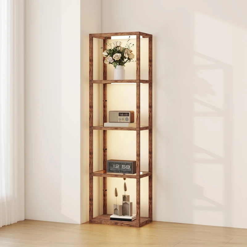 HOMCOM LED Floor Lamp with Glass Shelves, 4 Layers Dimmable Tall Standing Lamp, Modern Column Shelf Floor Light for Living Room, Bedroom, Office, Rustic Brown