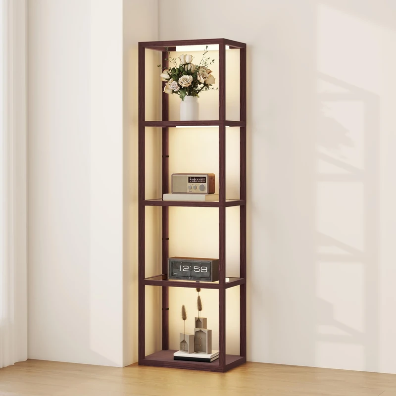 HOMCOM LED Floor Lamp with Glass Shelves, 4 Layers Dimmable Tall Standing Lamp, Modern Column Shelf Floor Light for Living Room, Bedroom, Office, Dark Brown