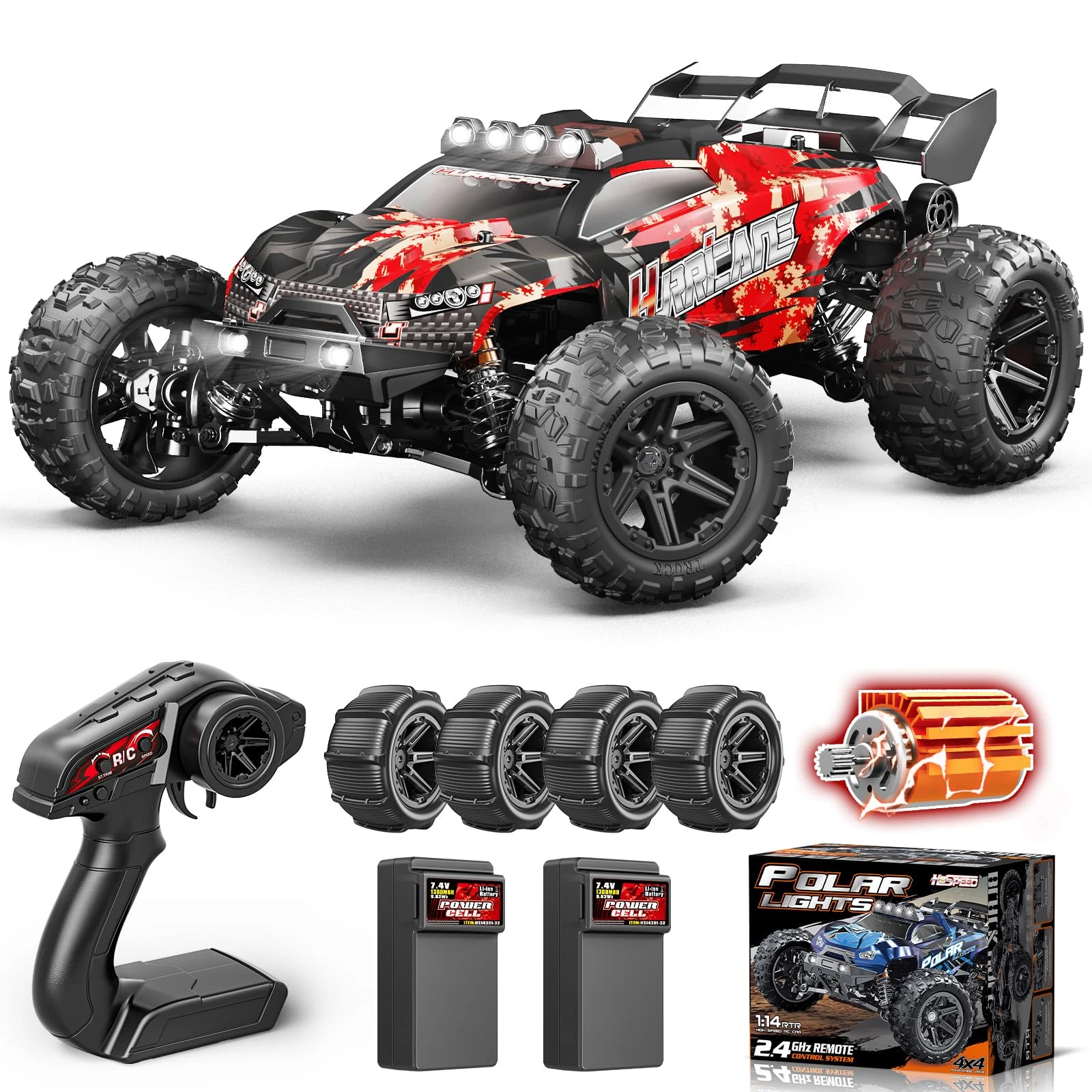 YESHIN 1:14 RC Cars for Adults, Max 40mph Electric Off-Road Monster Truck, Fast Waterproof High Speed RC Car 4WD Remote Control Car with 2*Battery, Red