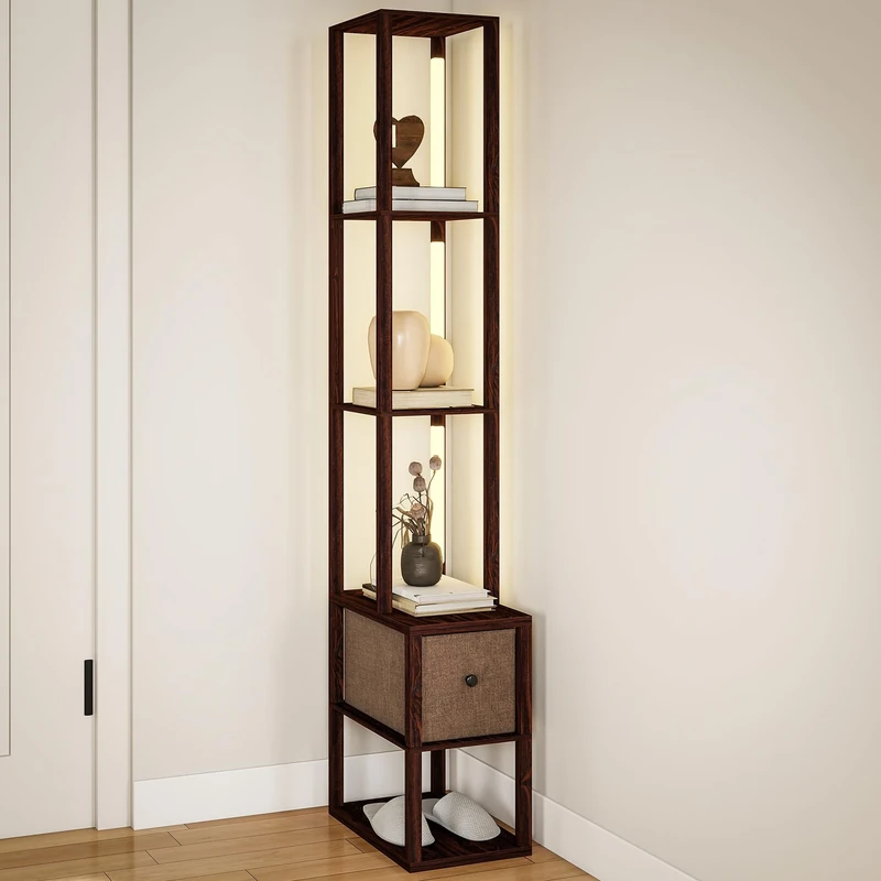 HOMCOM Floor Lamp with Shelves, LED Column Modern Standing Lamp with Fabric Drawer, Adjustable Brightness, Foot Switch for Living Room, Bedroom, Office, Dark Brown