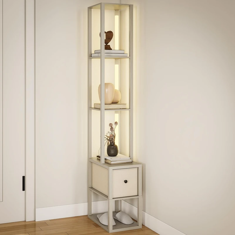 HOMCOM Floor Lamp with Shelves, LED Column Modern Standing Lamp with Fabric Drawer, Adjustable Brightness, Foot Switch for Living Room, Bedroom, Office, Oak