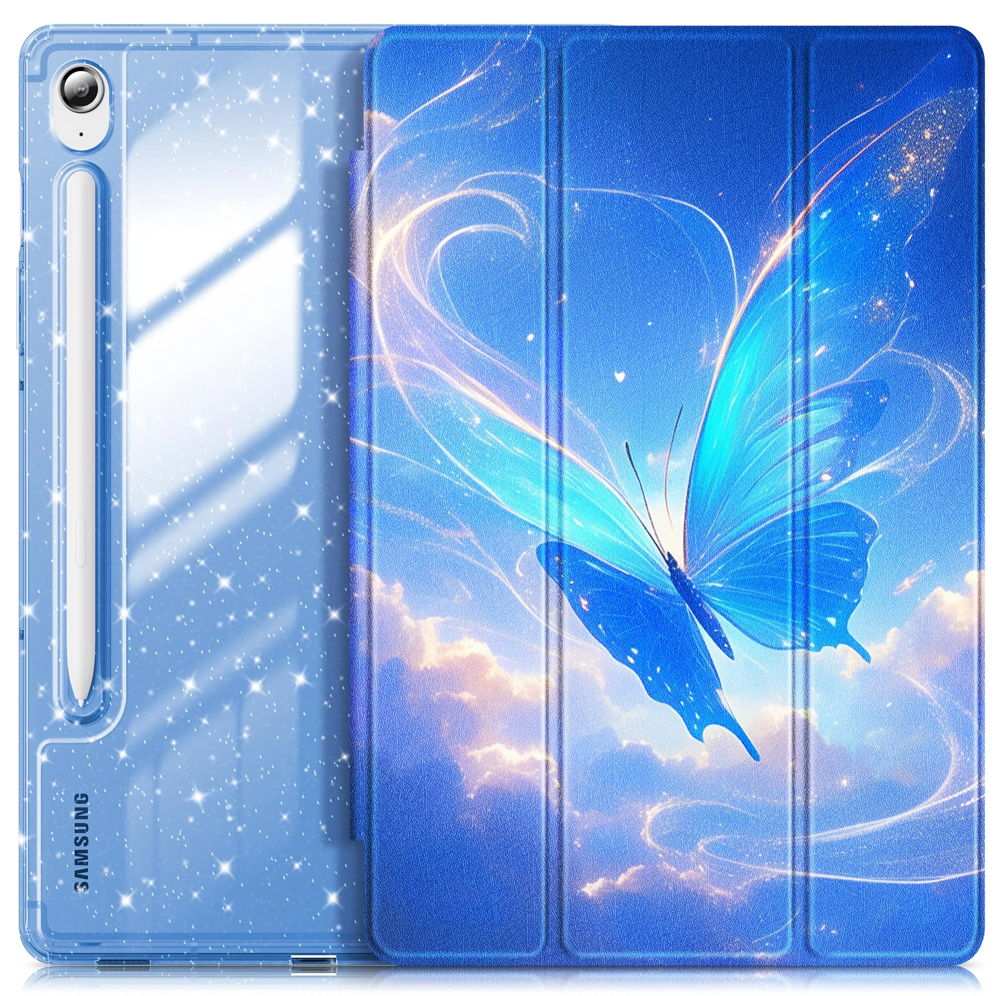 INFILAND Case for Samsung Galaxy Tab S10 Lite/S10 FE/S9 FE 5G 10.9 Inch/Tab S9 11 Inch with S Pen Holder, Glitter Cute Cover with Sparkly Clear Back [Auto Wake/Sleep] for Girls Kids(Blue Flutter)