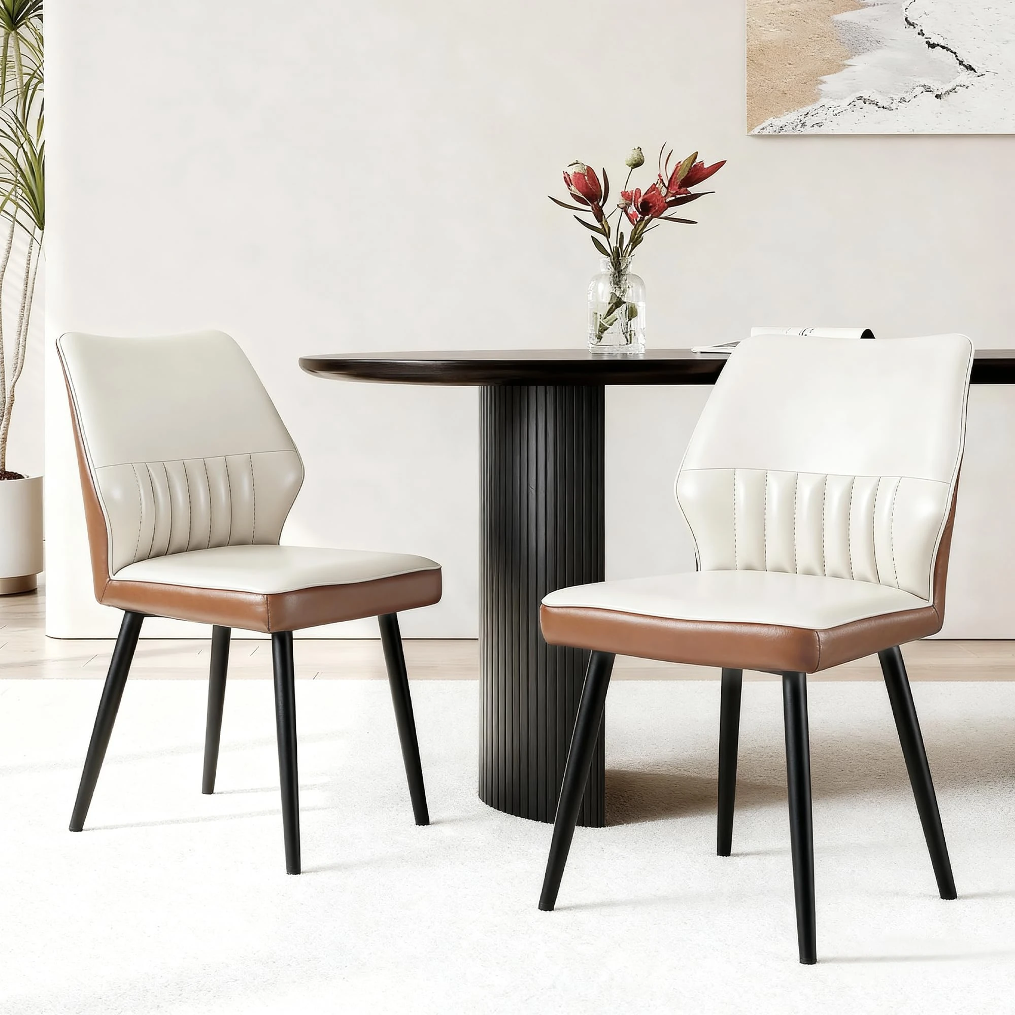 WangPangzi Set of 2 Waterproof Dining Chairs,Faux Leather Kitchen Stools, Adjustable Height - Modern Kitchen chairs with Easy Assembly, Stackable Home Chairs(Beige and Brown)