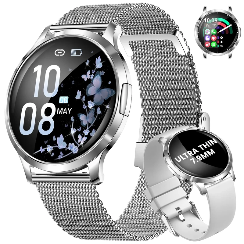 HIRREO Smart Watch Women for iOS Android Phone Call 7.9mm Thin 1.32" HD AMOLED Touchscreen Smartwatch Ladies Silver,2 Straps,Calorie,100+ Sports Modes/Heart Rate/Sleep Monitor/Menstrual Cycle