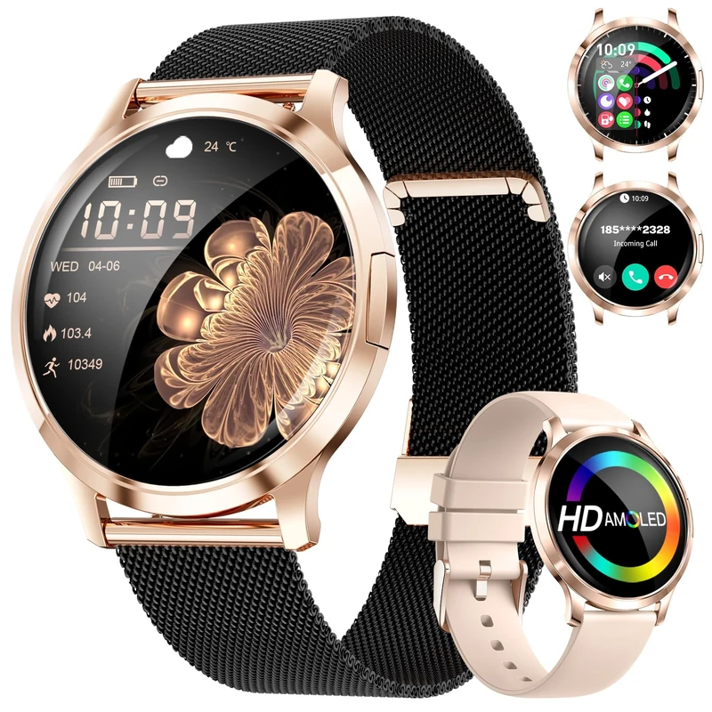 HIRREO Smart Watch Women for iOS Android Phone Call 7.9mm Thin 1.32" HD AMOLED Touchscreen Smartwatch Ladies Black Rose Gold,2 Straps,Calorie,100+ Sports Mode/Heart Rate/Sleep Monitor/Menstrual Cycle