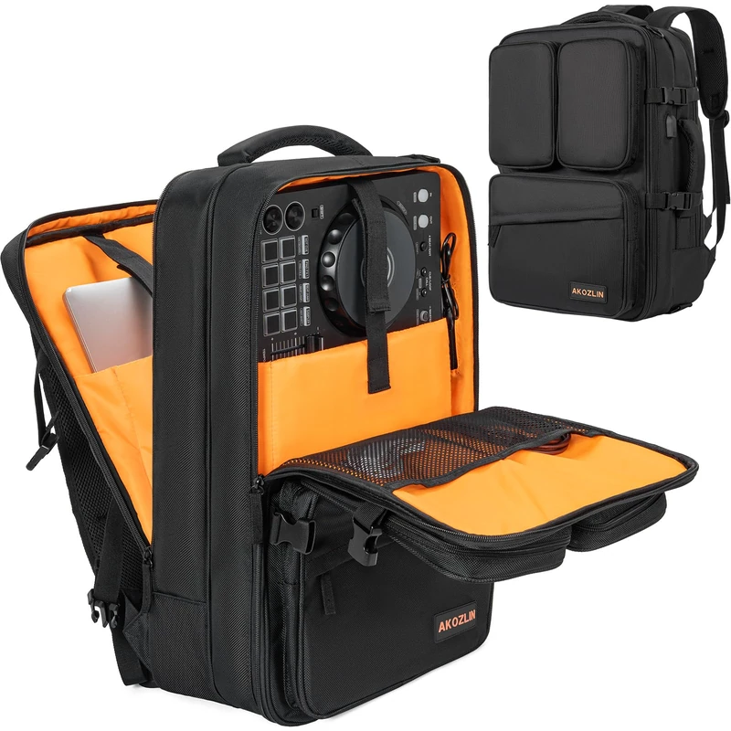 AKOZLIN DJ Mixer Travel Backpack for DDJ Controller FLX4 DJ Lite SB DJ 400 with Multi-Pockets for Equipments,Laptop,Vinyl Records,Cables