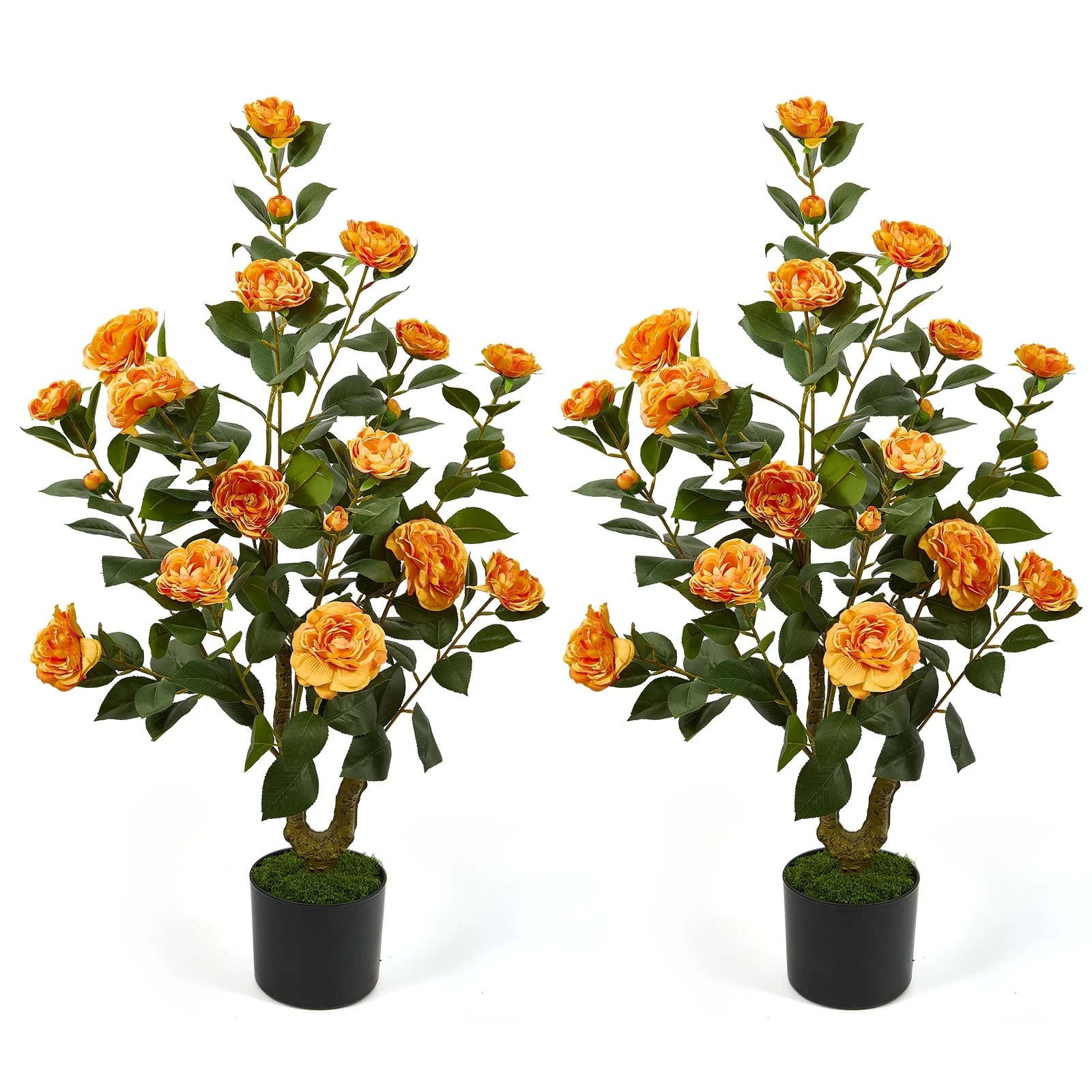 40" Artificial Camellia Tree 2 Pack,Faux Floral Plant Fake Trees with Orange Blooming Flowers,Artificial Plants Greenery Potted Plant for Outdoor Indoor Home Porch Decor