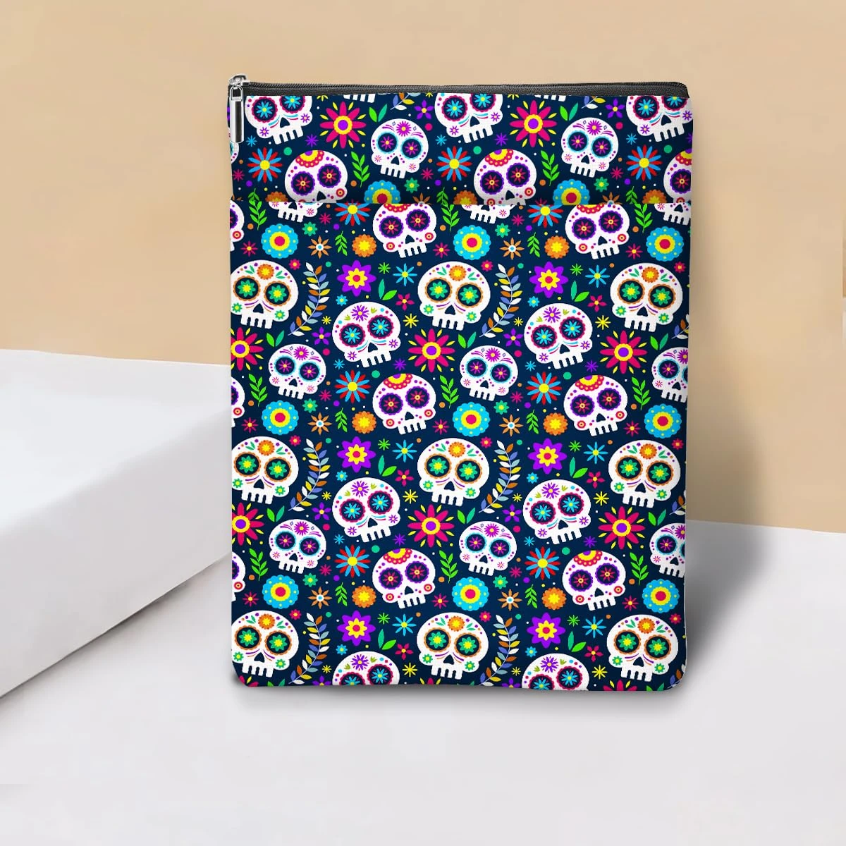 Colorful Sugar Skull Book Sleeve, Book Lovers Gift Sleeve with Zipper & Front Pocket, 11.5x8.8 Inch Canvas Books Cover Protector Bookish Gifts for Readers Women Friend Christmas Birthday Gift