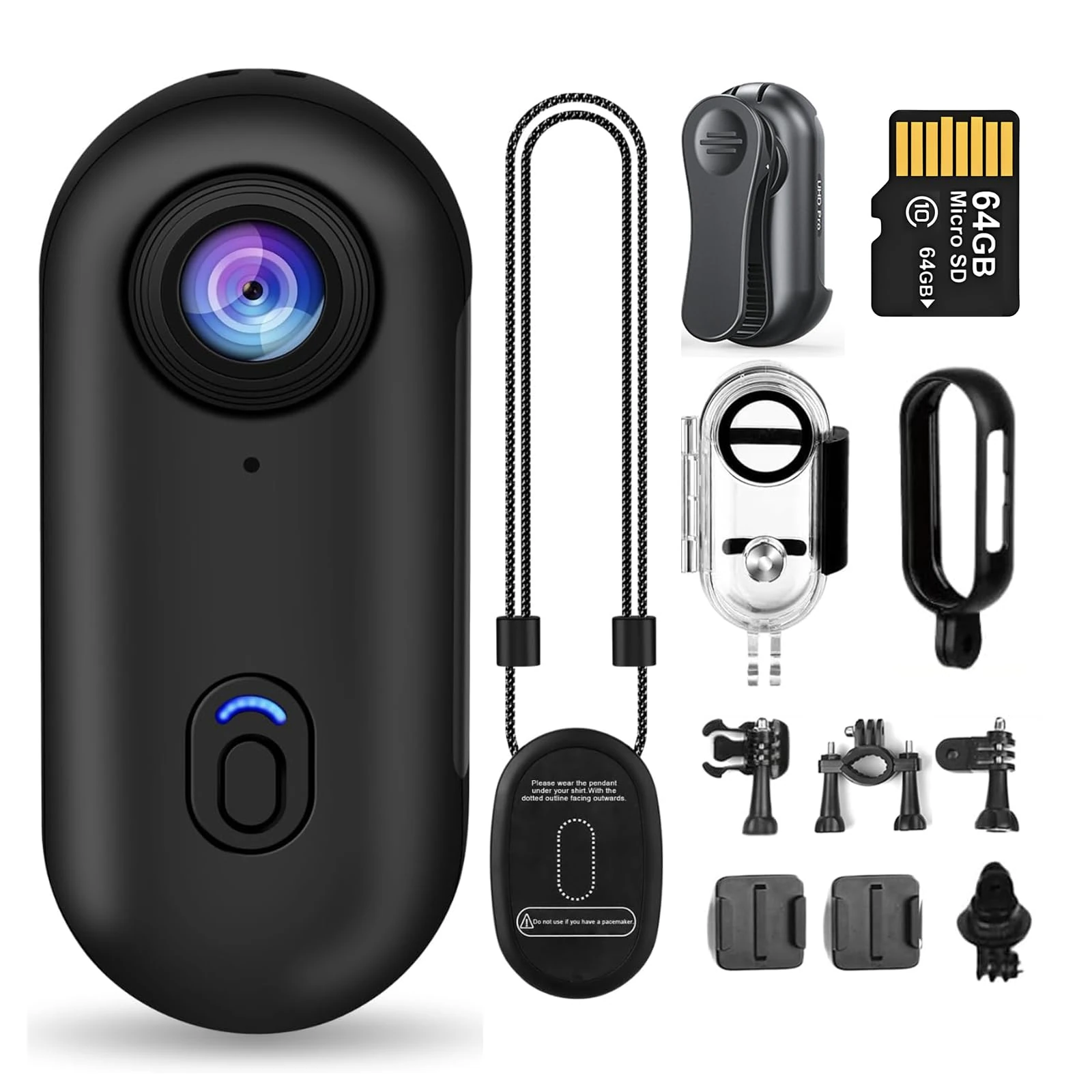 Rhayle 4K Thumb Action Camera 2.0, WIFI Sharing, 170° Wide Angle Lens, IP68 Waterproof, Magnetic Pendant, 360° Spring Clip, Portable Bike POV Camera, Small Body Camera, Record Life (64G)