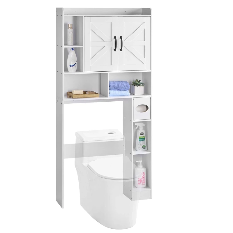 VEVOR Over The Toilet Storage Cabinet, 66.14 in Height Bathroom Storage Organizer with Double Door and Adjustable Shelf, Bathroom Space Saver Organizer Above Toilet with Open Shelf, White