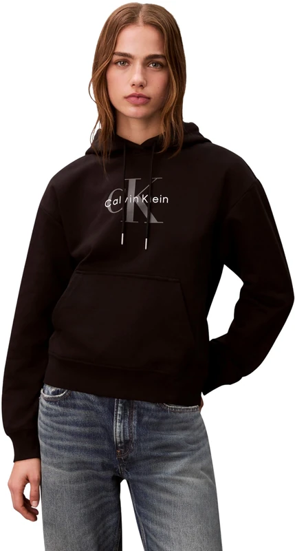 Calvin Klein Women's Ls Monologo French Terry Po Hood LV047E221G Other Shirts, Black (Black), S