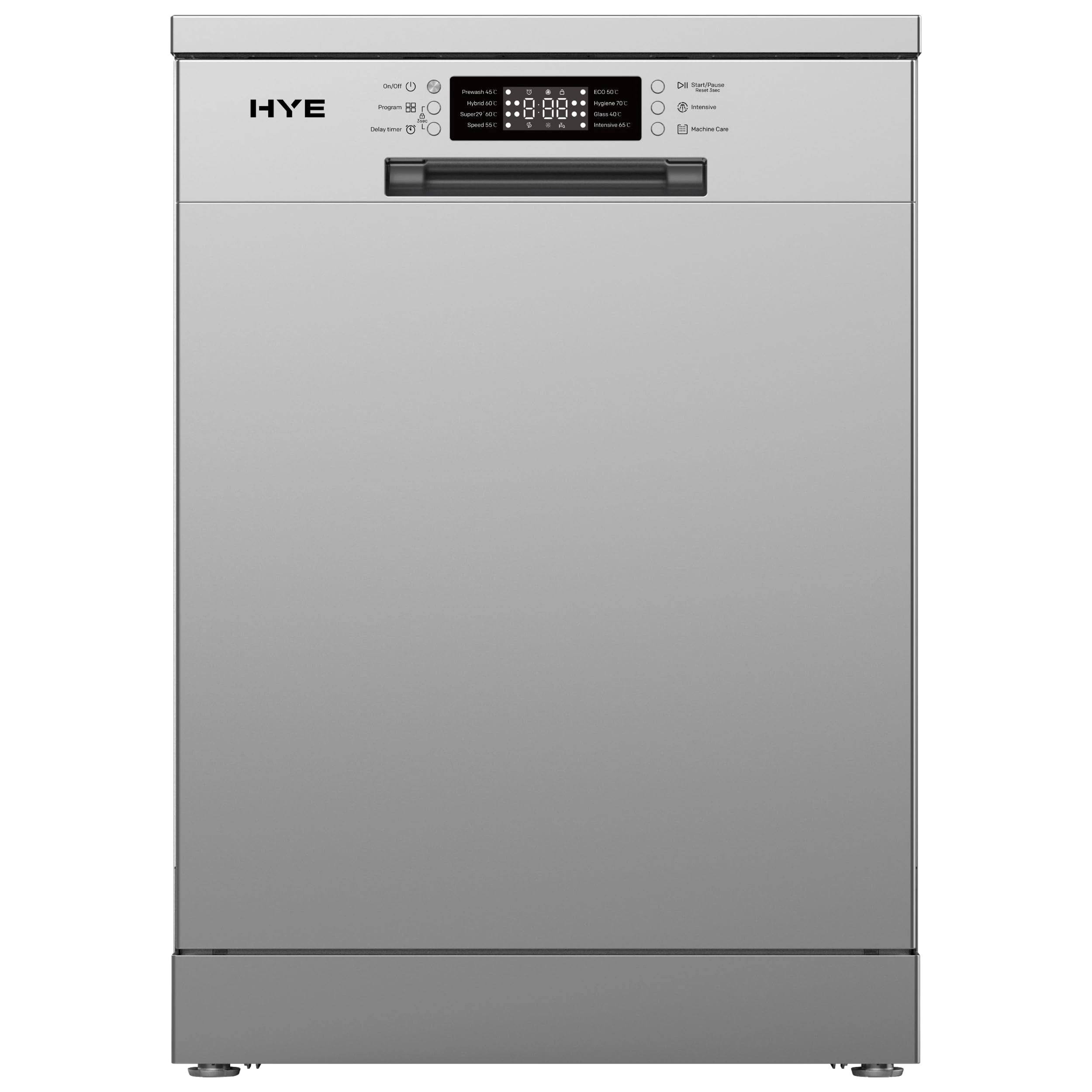 HYE Freestanding Dishwasher Machine – 60cm Full Size, 14 Place Settings, 9 Programmes with Quick Wash & Eco, Silver, Delay Timer, E Rated, 49dB, Cutlery Basket – DW0114PS04