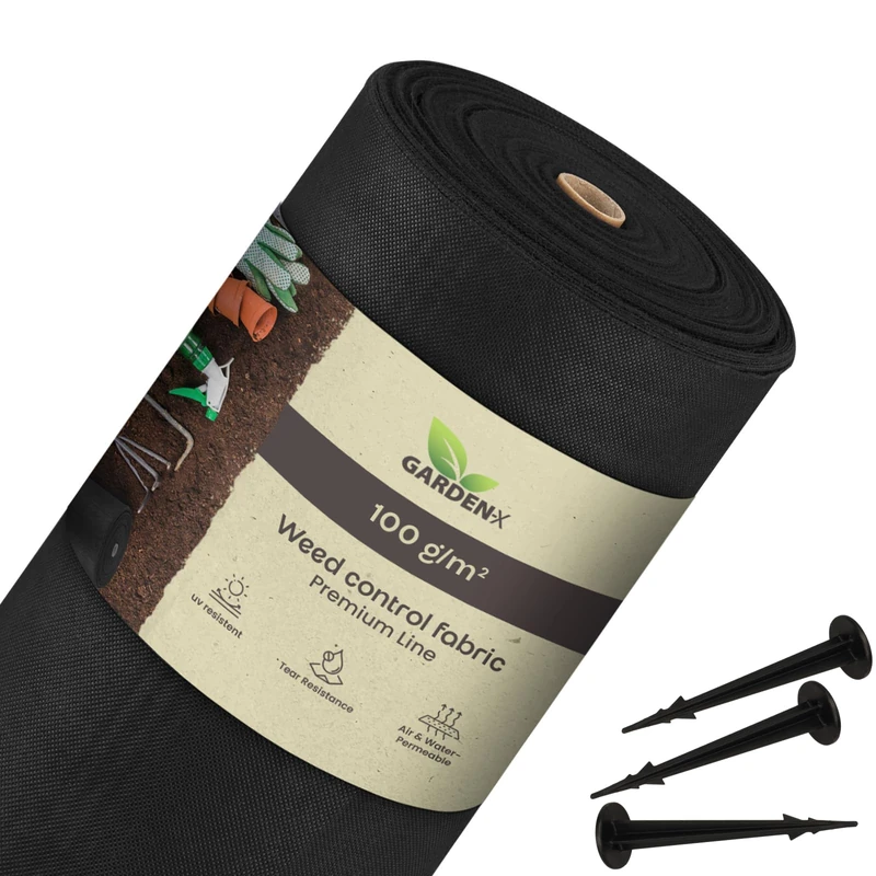 GARDENIX 100 m² Weed Control Fabric with 100 Ground Anchors 1 m x 100 m - Water Permeable 100 g/m² - Black UV-Resistant Film Fleece Raised Bed Weed Control Film Garden Tiles Flower Bed Film Plant Film