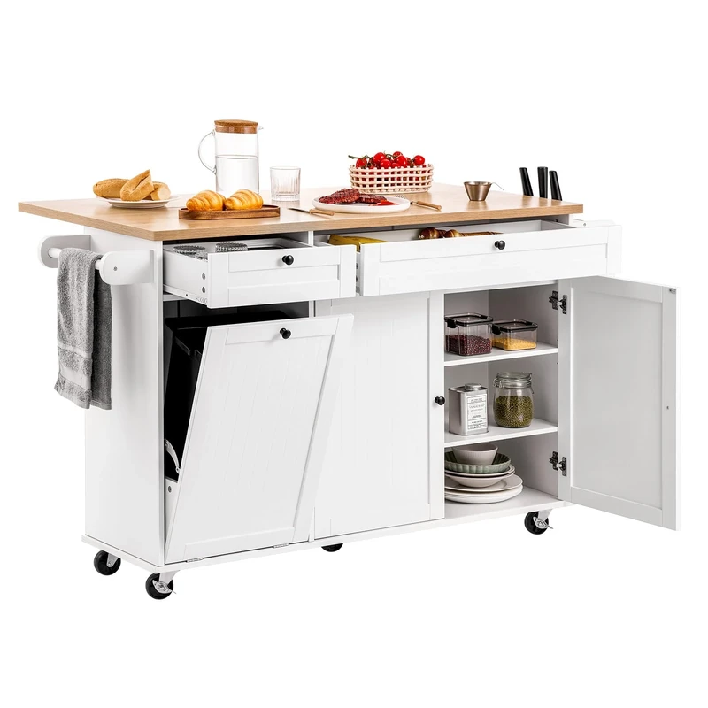 VEVOR Kitchen Island Cart with Storage, 153 cm Wide Mobile Kitchen Cart with Wheels, Drop Leaf, 2 Drawers, Trash Can Cabinet, Knife Holder, Spice Rack, and Towel Rack, Table for Dining Room, Pantry