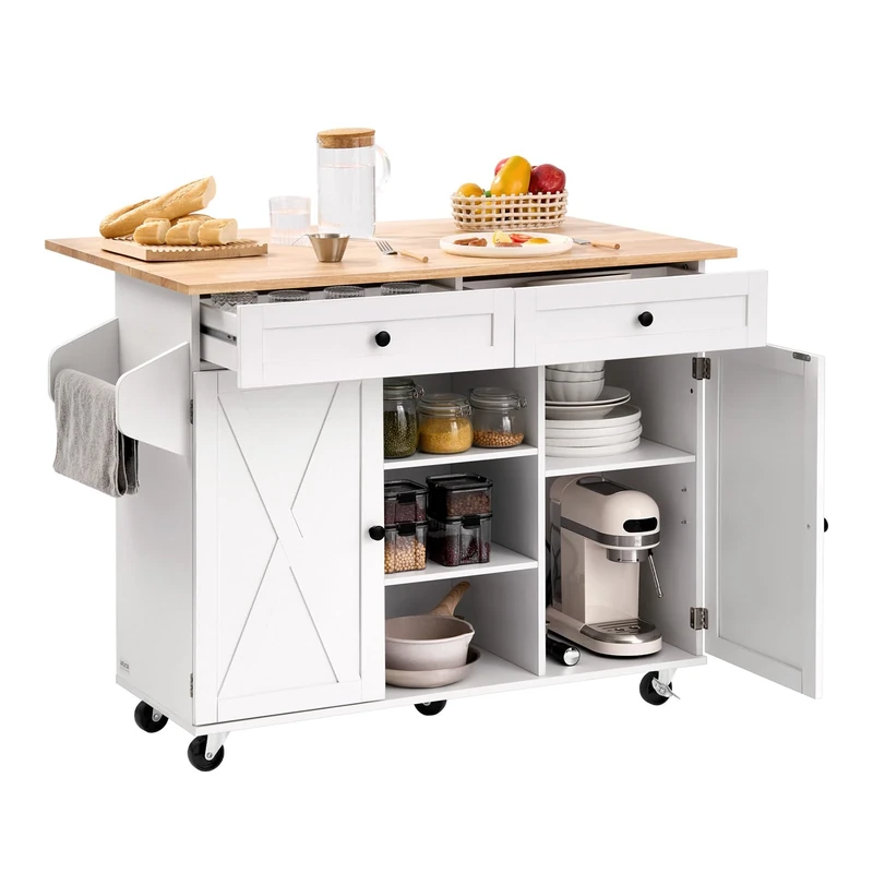 VEVOR Kitchen Island Cart, with Solid Wood Top and Storage Cabinet, Mobile Rolling Table with Drop Leaf, Drawers, Spice Towel Rack, Portable Islands on Swivel Wheels for Dining Room, 132cm Width