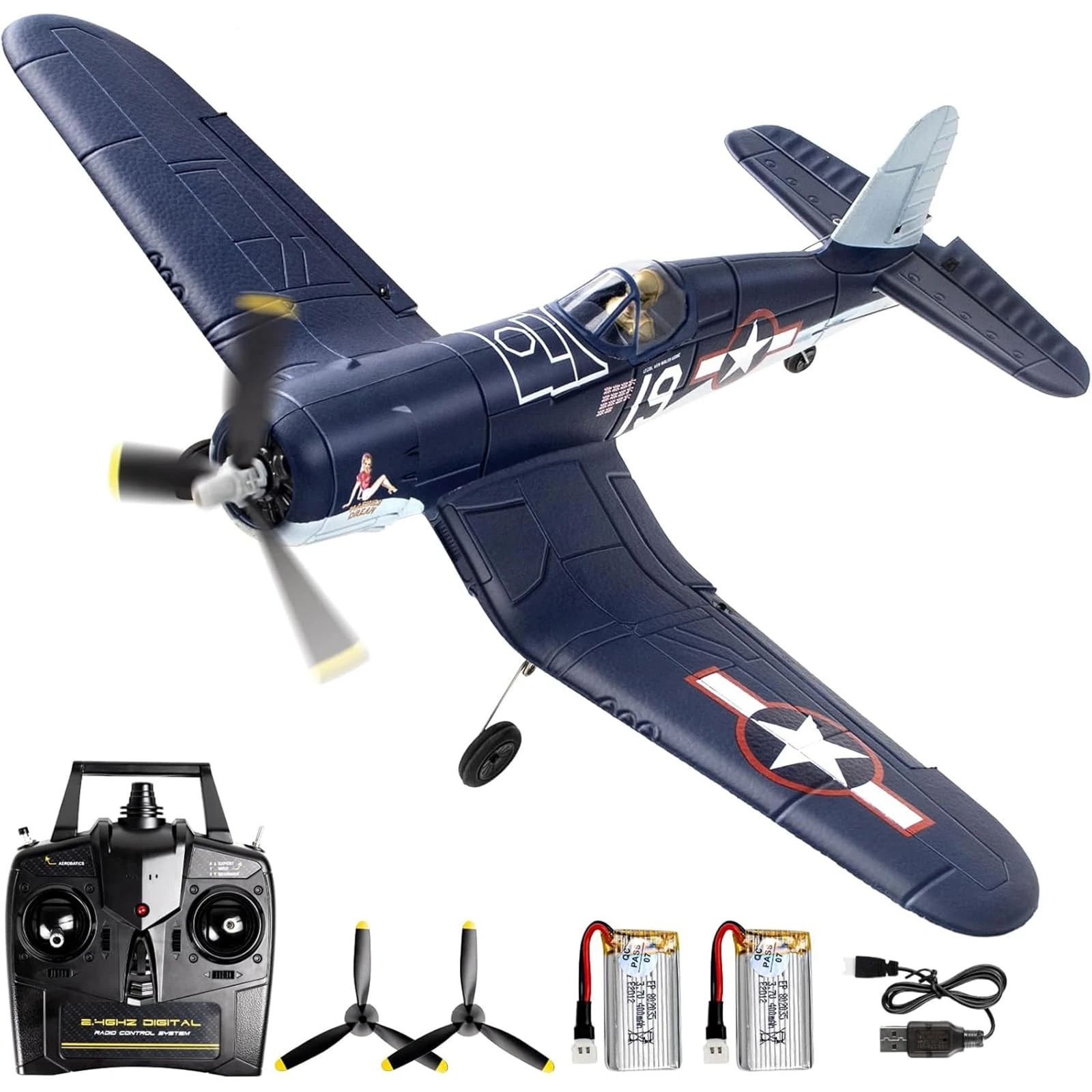 4CH RC Plane F4U Remote Control Airplane, 6-axis Gyro RC Airplane, RTF Fighter with 2 Batteries, 2.4GHz Radio Controlled for Adults & Beginners
