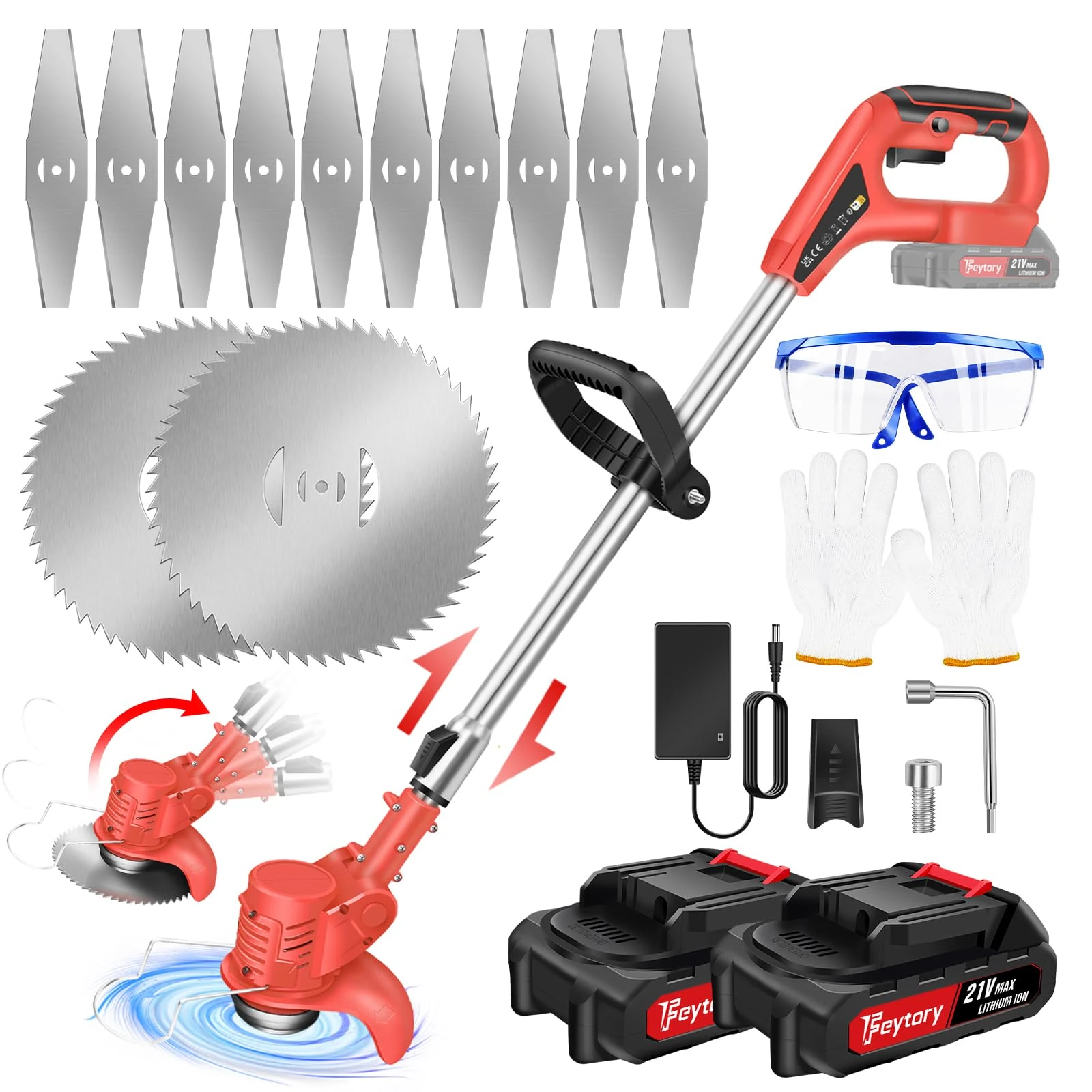 21V Cordless Strimmer, Grass Trimmer 90° Head Adjustment, Garden Strimmer Cordless with 2 Batteries, Electric Garden Strimmer Grass Cutter for Lawn Edger Pruning Weed