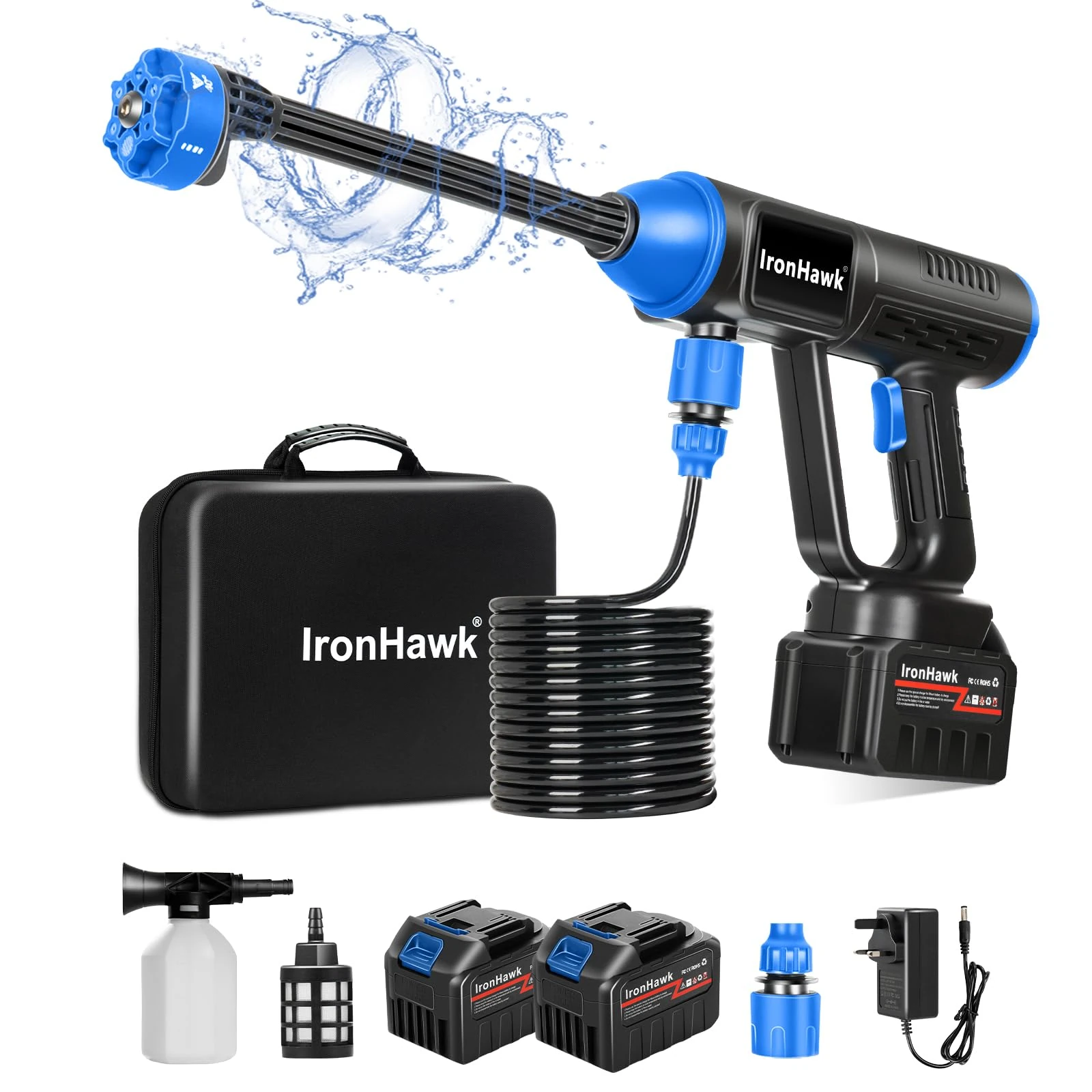 Cordless Jet Washer for Car & Patio – IronHawk 48v Battery-Powered Portable Cordless Pressure Cleaner with 6-in-1 Nozzle, Dual Rechargeable Batteries（ 2×Li‑ion），10M Power Hose