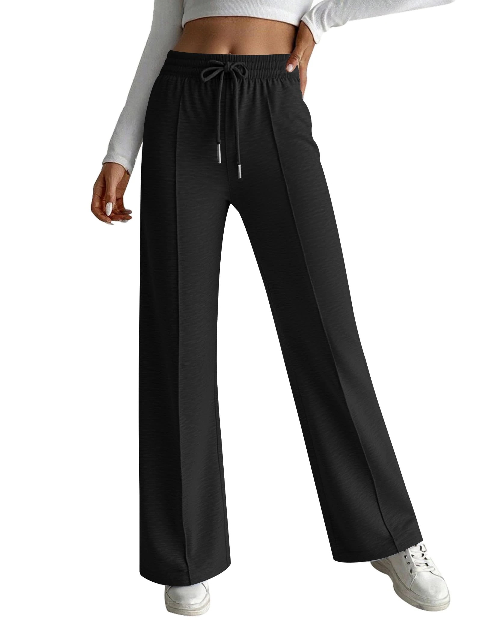 HOTOUCH Women's Trousers Wide Leg Joggers Baggy Tracksuit Bottoms High Waisted Training Trousers Drawstring Jogging Bottoms Casual Yoga Pants with Pockets Black L
