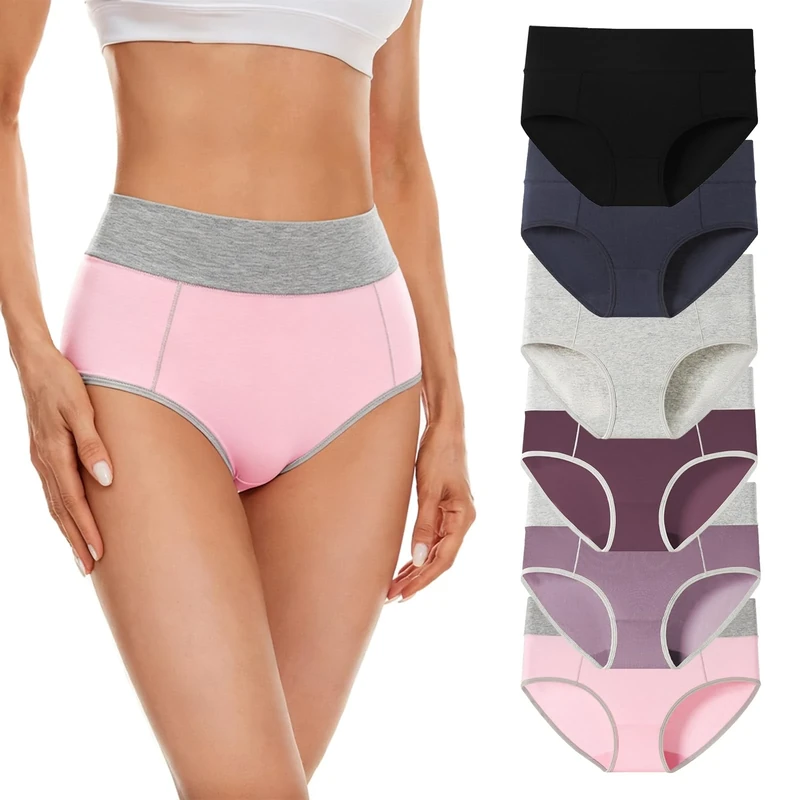 XBSCDA 6 Pack Ladies Cotton Briefs Women's Soft Mid-High Waisted Panties Breathable Full Coverage Underwears