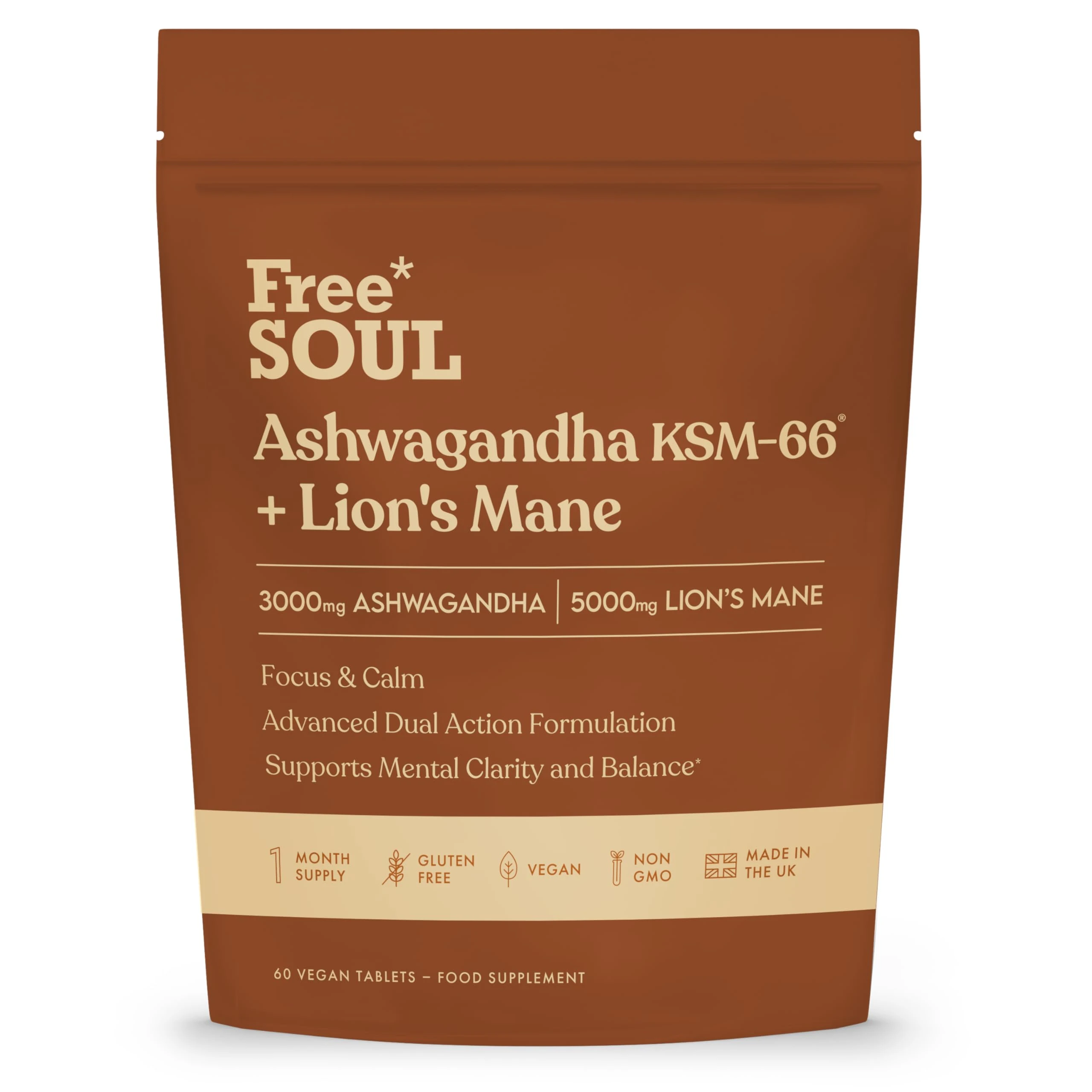 Ashwagandha KSM-66® + Lions Mane Complex | 5000mg Lions Mane + 2500mg Ashwagandha High Strength Tablets| Added Zinc + Vitamin B6 | Vegan UK Made| Free Soul