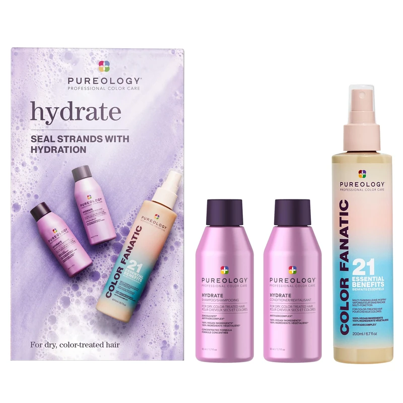 Pureology Hydrate Discovery Set for Dry Hair, Shampoo and Conditioner 50ml with Color Fanatic Spray 200ml