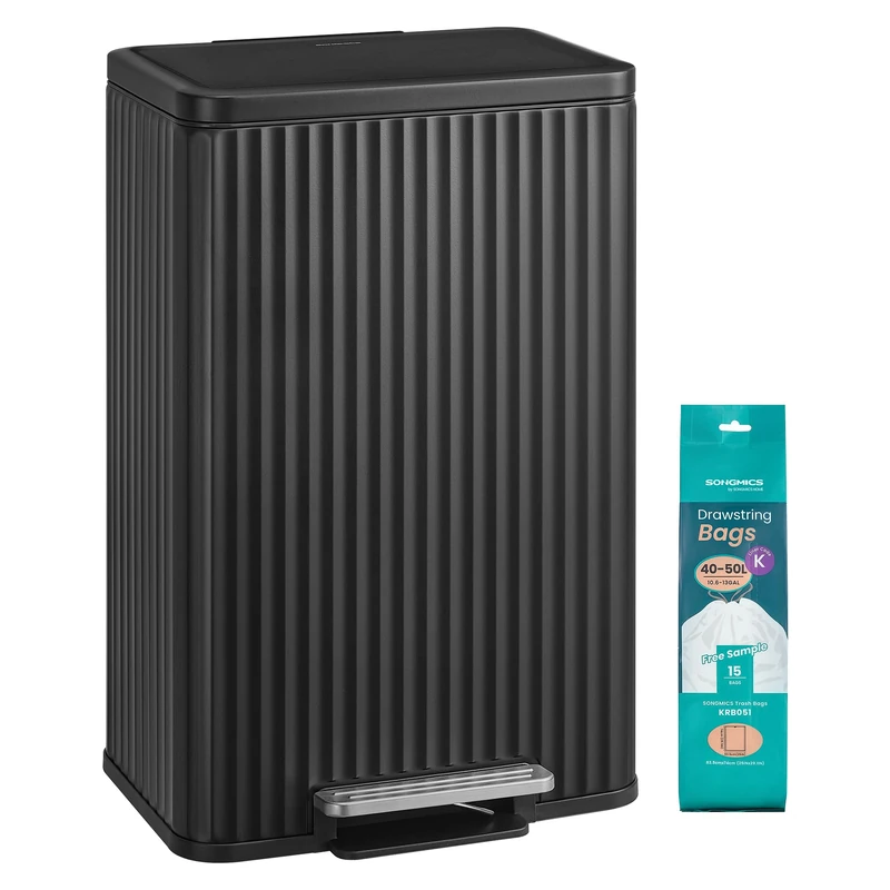 SONGMICS Kitchen Bin, 13 Gallon (50 L) Waste Bin with Pedal, Soft-Close Lid, and Removable Inner Bucket, Steel, 15 Rubbish Bags (Code K) Included, Ink Black LTB586BZ02