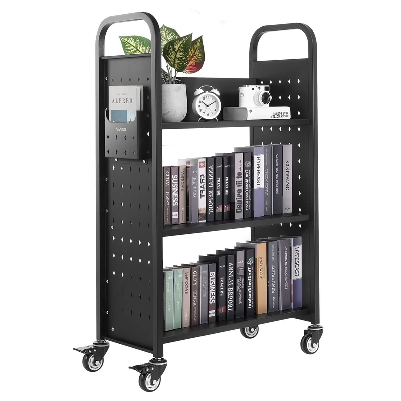 VEVOR Rolling Library Book Cart, 330 lbs Capacity, 30.3 x 15 x 48.0-Inch Library Cart, Single Sided L-Shaped Shelves with 3-Inch Lockable Wheels, Book Truck for Home Shelves Office and School, Black - Image 1