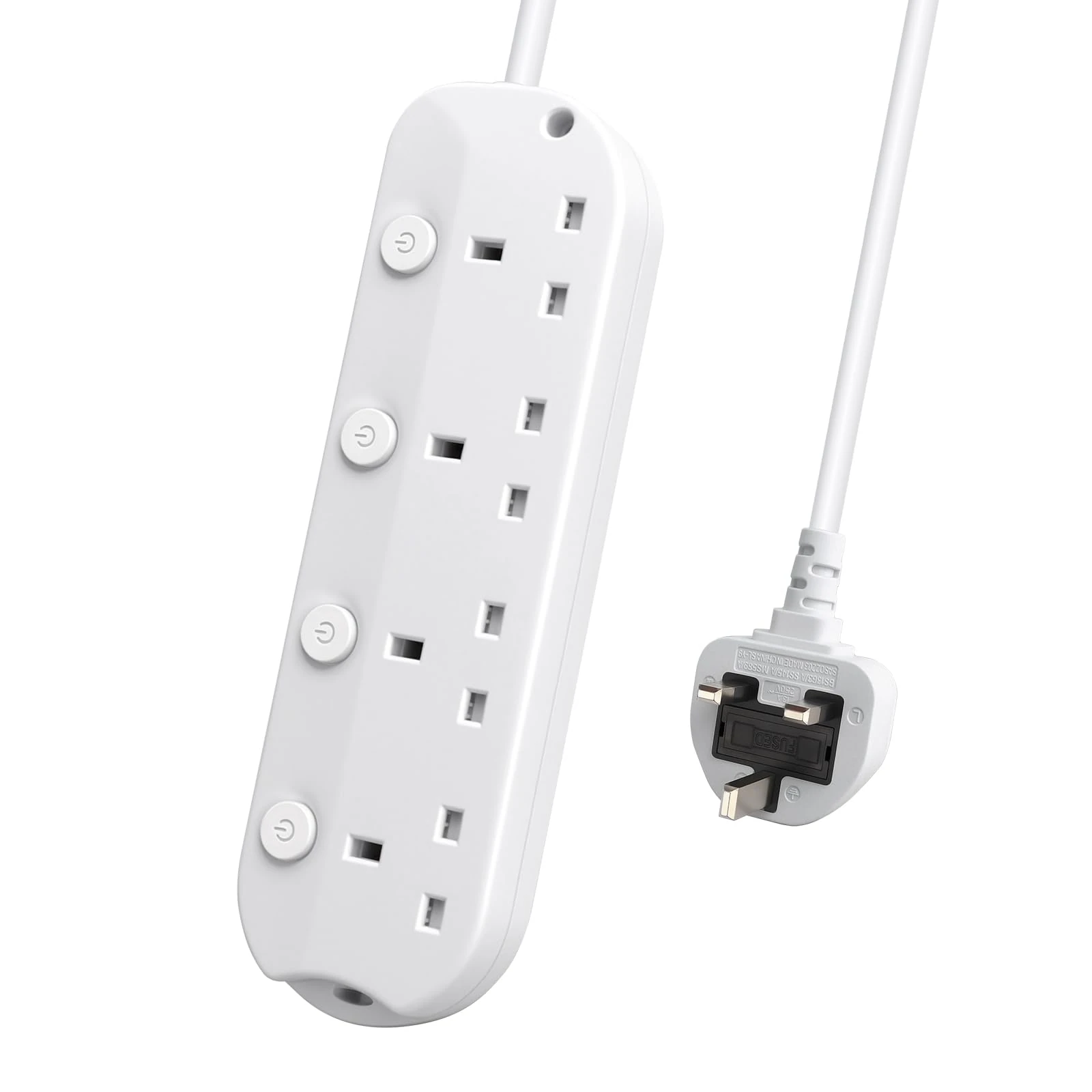 EXTRASTAR Extension Lead with Individual Switch, 4 Way 1M Extension Cable, Wall Mounted Multi Socket Plug Power Strip White