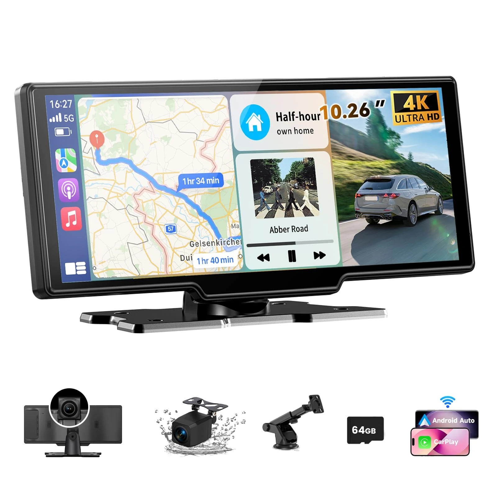 10.26" Car Tablet Pro Max 2025: Wireless Carplay Screen for Car with 4K Front and 1080P Rear Camera, Android Auto Screen IPS Touchscreen/Mirror Link/Loop Recording/G-Sensor/Navigation / 64G SD