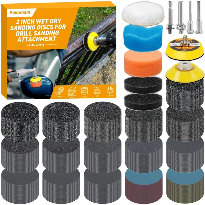 Pukamam 331pcs 50mm Wet Dry Hook and Loop Sanding Discs 60-10000 Grit Sandpaper for Drill Sanding Attachment, Backing Pads Polishing Kit for Resin Wood Jewelry Metal