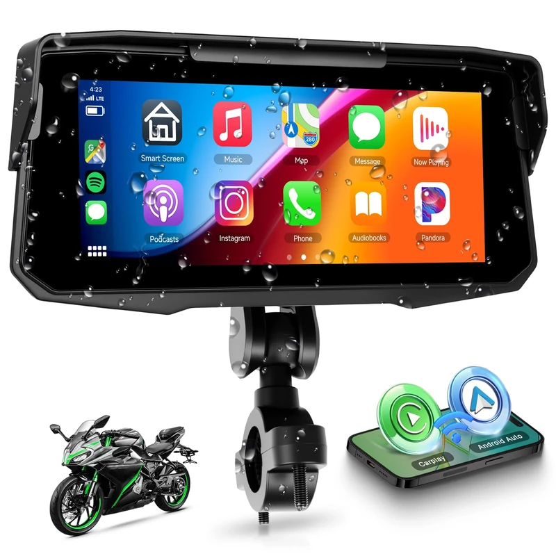 Rimoody 6.86 Inch Motorcycle Portable Moto CarPlay, Wireless Android Auto/Airplay/Android Cast, IP68 Waterproof Touchscreen with Bluetooth, EQ, Universal Motorbike Mount