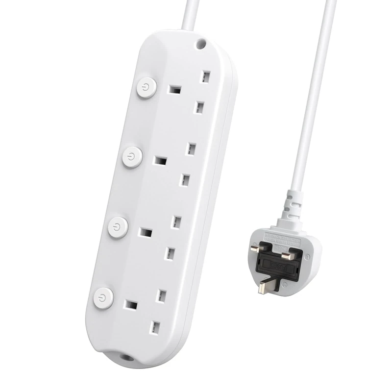 EXTRASTAR Extension Lead with Individual Switch, 4 Way 3M Extension Cable, Wall Mounted Multi Socket Plug Power Strip White