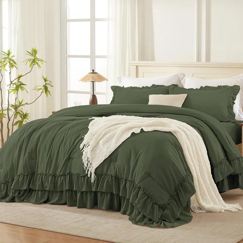 Andency Olive Green Ruffle Comforter Set Queen Size, 3 Pieces