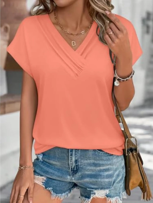 Womens Summer Tops V Neck Plain Short Sleeve T Shirts 2025 Loose Blouse Fashion Trendy Clothes Casual Tee, Coral, XX-Large