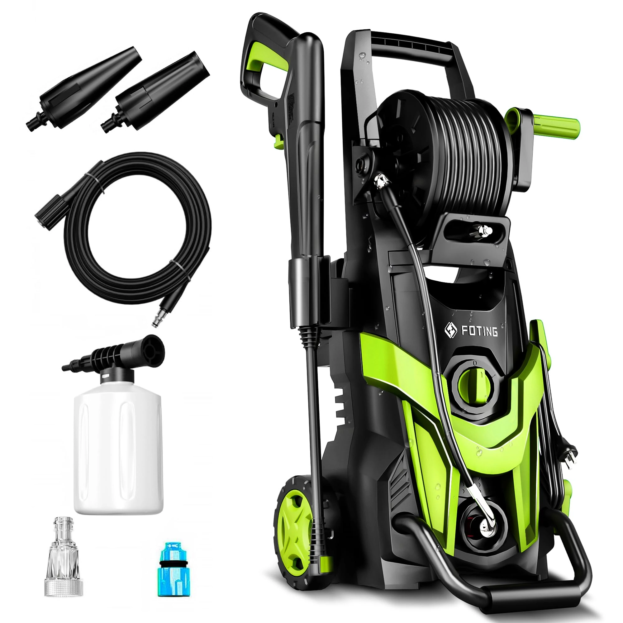 Pressure Washers, Area Coverage: 50㎡/h,Pressure:max.145 bar, Flow Rate:420 l/h, with Hose Reel, Foam Cannon and Adjustable Nozzles, High Pressure Washer for Cars, Fences, Patios and Driveway