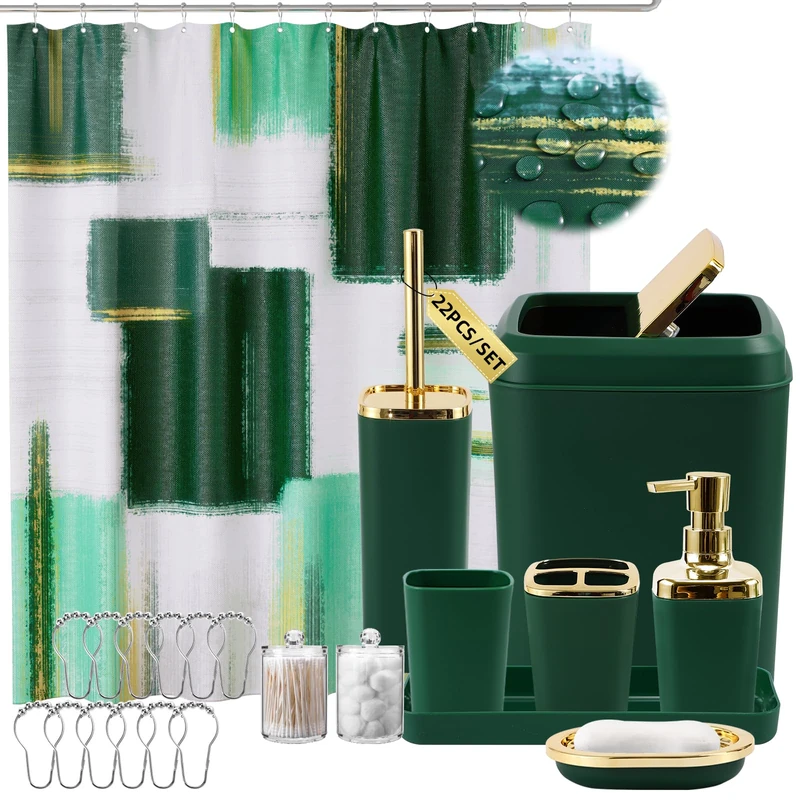 XLHOMO Green and Gold Bathroom Accessories Set, Bathroom Sets with Shower Curtain, Green Bathroom Accessories with Trash Can, Soap Dispenser, Soap Dish, Toilet Brush Holder, Qtip Holders