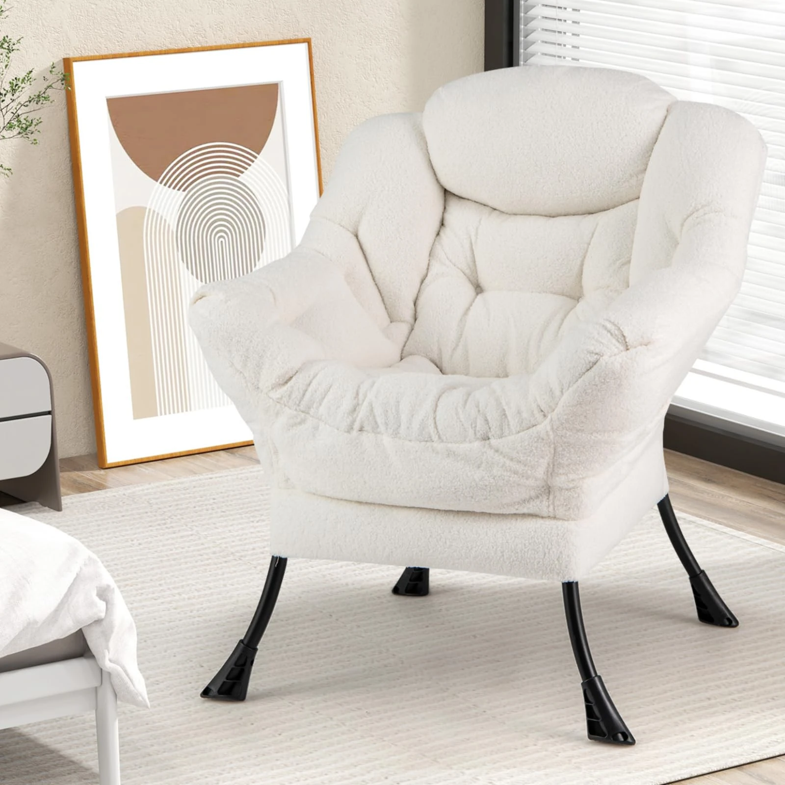 Multigot Accent Armchair, Upholstered Sherpa Single Sofa Chair with Side Pocket, Metal Frame Relax Lounge Chair Occasional Leisure Sofa for Living Room Bedroom (without Footstool, Beige)