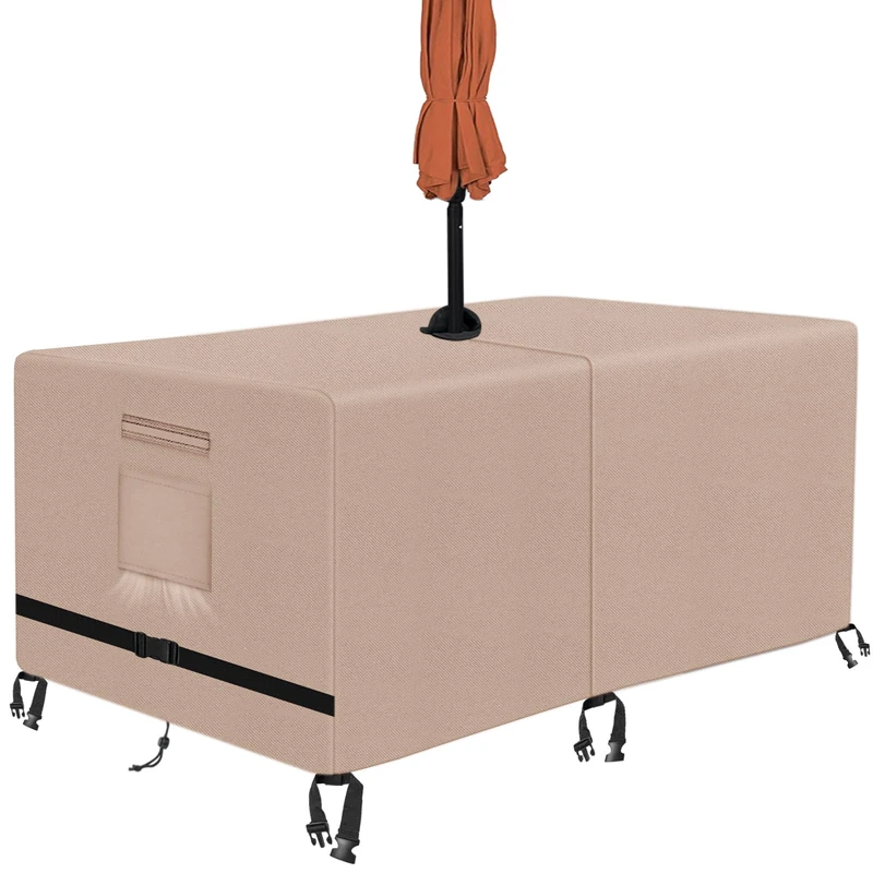 Rectangle Patio Table Cover with Umbrella Hole 108 Lx 82" W x 23.6" H,Khaki