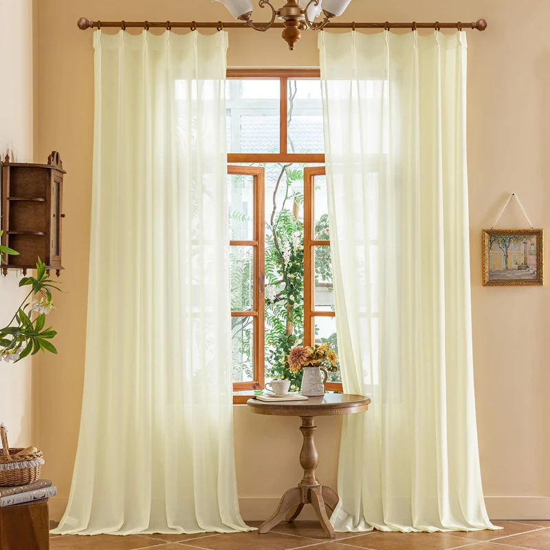 60 Inch Wide Sheer Pinch Pleated Curtains 96 Inches Long for Living Room Light Filtering Pleated Drapes with Adjustable Hooks Lightweight 8ft Curtains for Bedroom, Beige, 60"W x 96"L, 2 Panels