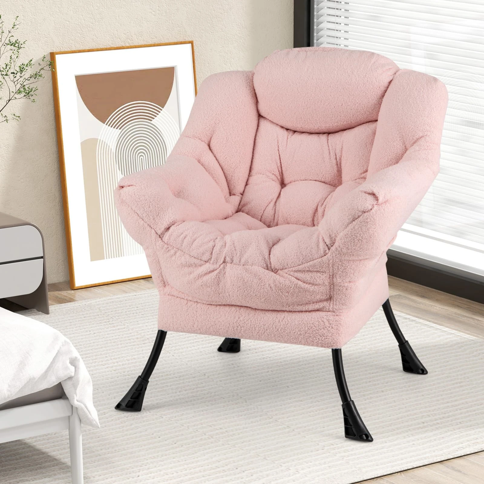 Multigot Accent Armchair, Upholstered Sherpa Single Sofa Chair with Side Pocket, Metal Frame Relax Lounge Chair Occasional Leisure Sofa for Living Room Bedroom (without Footstool, Pink)