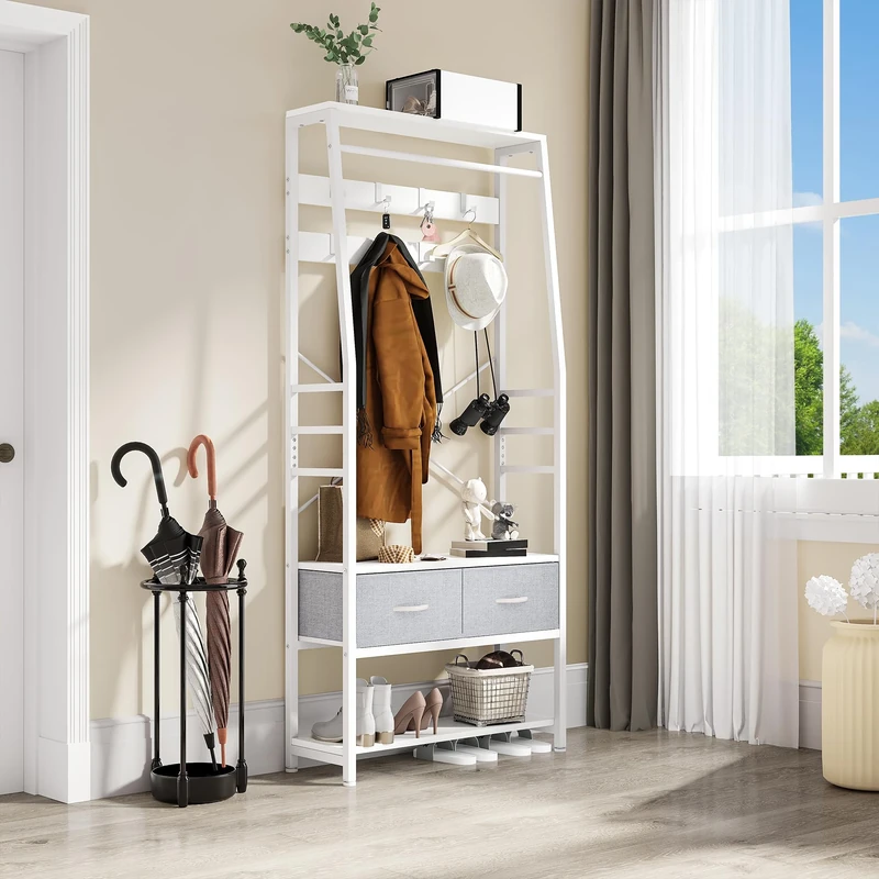 YITAHOME Coat Rack, 6-in-1 Hall Tree with 2 Drawers Floorstanding Coat Stand with Shoe Storage Wood and Matel Clothes Rail with 8 Hooks, for Hallway Living Room Entryway Bedroom, White