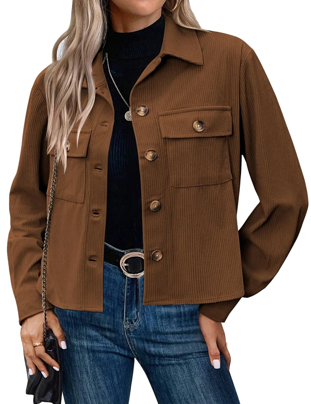 HOTOUCH Women's Jackets Corduroy Button Down Jacket Casual Lightweight Short Jackets Autumn Long Sleeve Cropped jacket with Pockets Brown Size 8