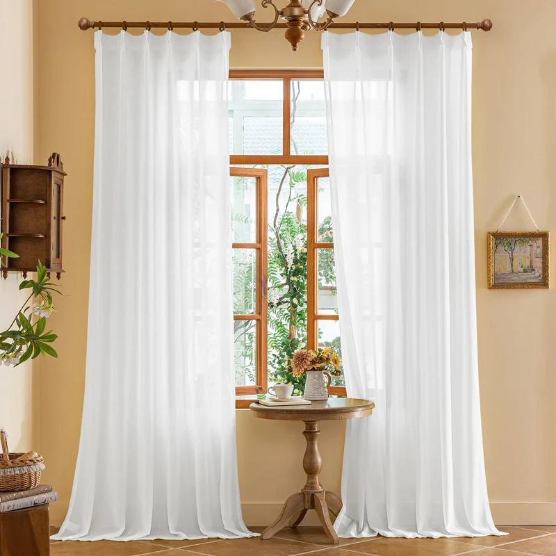72 Inch Extra Wide Pinch Pleated Sheer Curtains 108 Inches Long for Patio Bedroom Pleated Drapes with Hooks Light Filtering Breathable Voile Drapes for Track System, White, 72"W x 108"L, 2 Panels