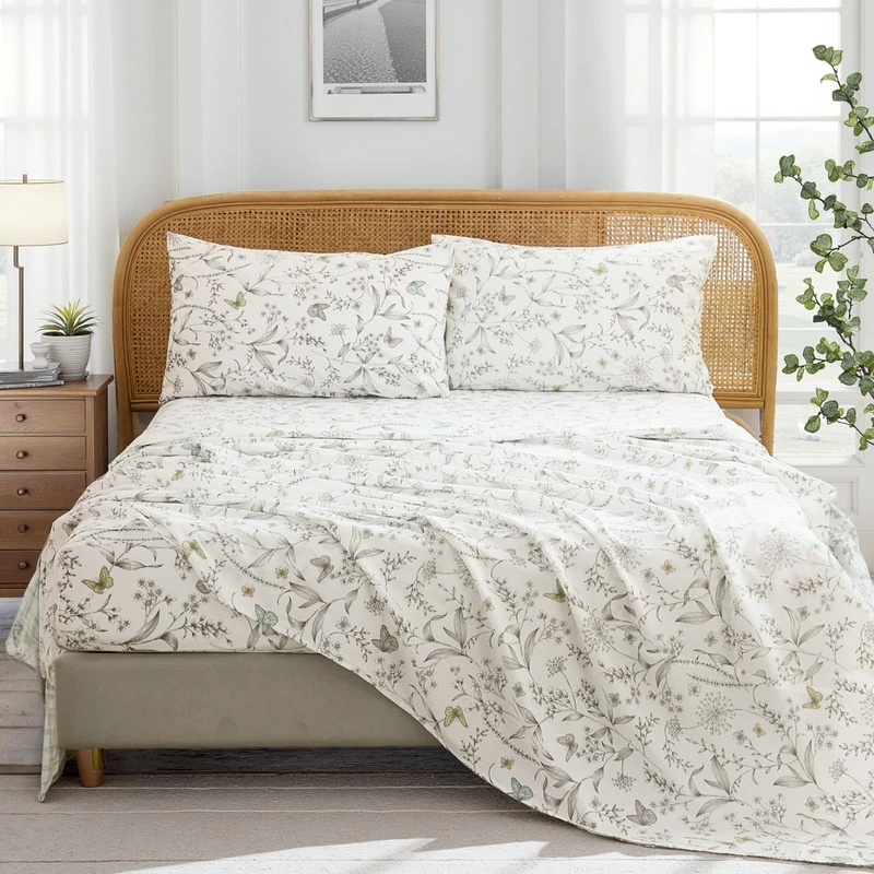 Cozaline 100% Cotton Sheet Set Queen Size – 4-Piece Chic White Floral Bedding Set, Soft Breathable Percale Weave, Deep Pocket Fitted Sheet 17.5", Crisp Cool Feel, Refined Botanical Elegance