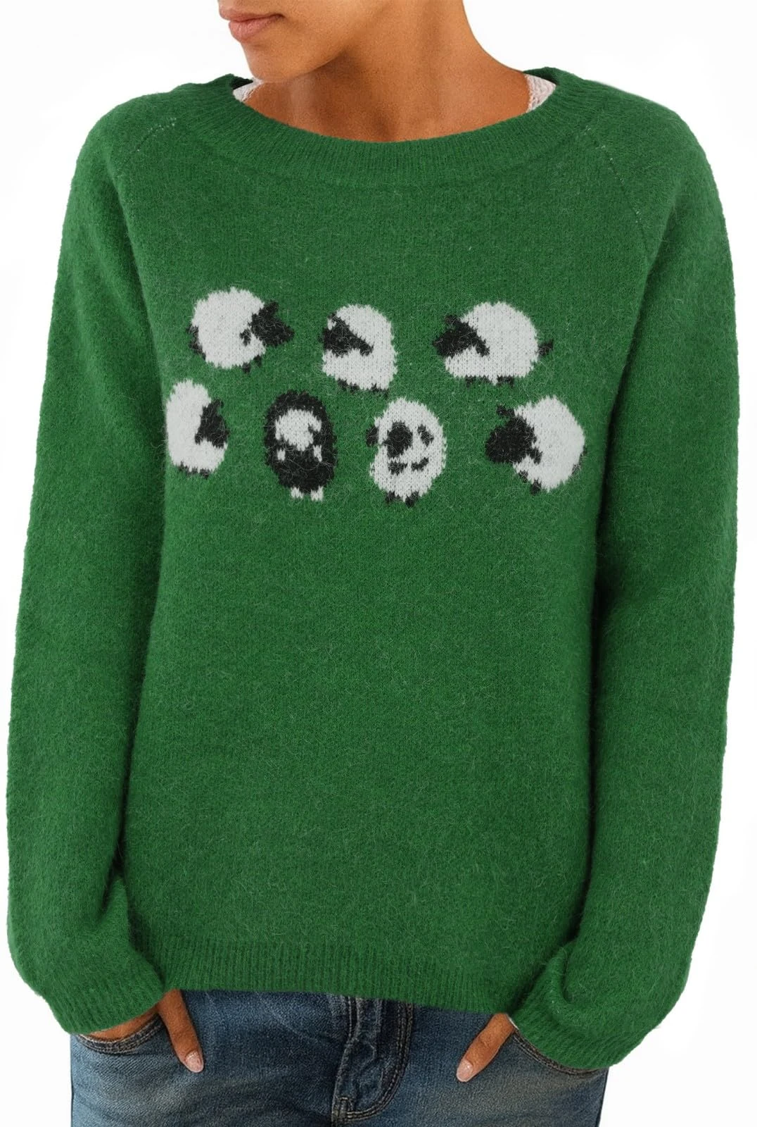 PrinStory Ladies Jumpers Crew Neck Jumpers for Women Long Sleeve Tops Casual Knit Pullover Warm Winter Sweater Soft Knitwear (Forest Green Sheep, L)