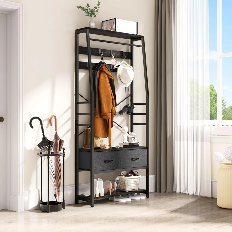 YITAHOME Coat Rack, 6-in-1 Hall Tree with 2 Drawers Floorstanding Coat Stand with Shoe Storage Wood and Matel Clothes Rail with 8 Hooks, for Hallway Living Room Entryway Bedroom, Black