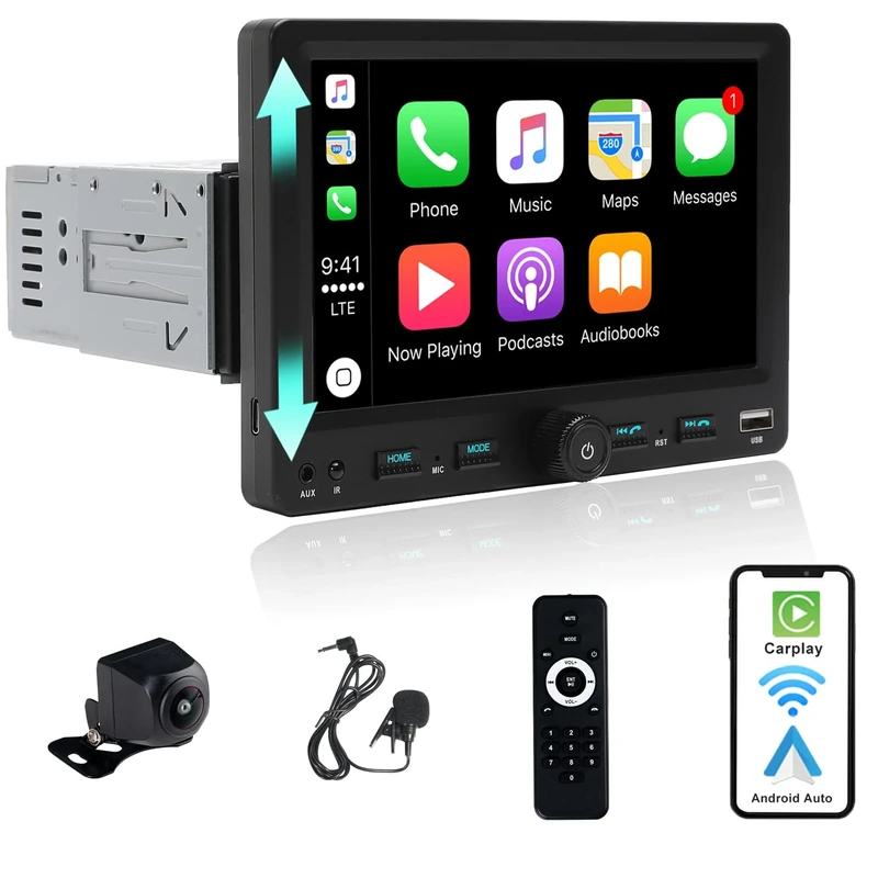Alondy Single Din Car Stereo Touchscreen (7" Adjustable) Compatible with Apple CarPlay [Wireless] Android Auto Car Radio Bluetooth Type-C USB (3A Fast Charge) Backup Camera